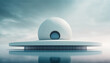 © ADDICTIVE STOCK - Generative AI image futuristic modern building with glass mirror walls under white circle roof and spherical dome reflecting in water and cloudy sky