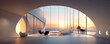 © ADDICTIVE STOCK - Generative AI illustration of futuristic white cave like dome interior design with spacious room and balcony with table and cozy chairs at sunset