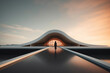 © ADDICTIVE STOCK - Generative AI image of modern wavy roof building with bridge over water with back view of unrecognizable female walking in evening against sky