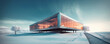 © ADDICTIVE STOCK - Generative AI image of exterior of building with illuminated spacious room and furniture on land with snow and icy lake water