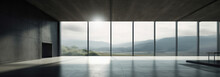 Generative AI Image Of Empty Spacious Modern Room With Large Window And Glass Walls With Scenic View Of Landscape Against Blue Sky With Sunlight