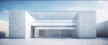 Generative AI Image Of Modern White Building With Glass Walls And Terrace In Daylight While Surrounded With High Walls Against Blue Cloudy Sky