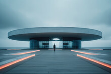 Generative AI Image Back View Of Unrecognizable Person Near Circular Building With Glass Walls And Lights Against Overcast Sky And Blurred Background