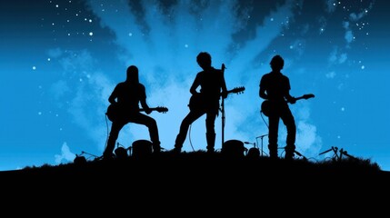 Sticker - Silhouette of rock band playing, music under the night starry night