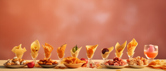 Assortment of appetizer on pastel background