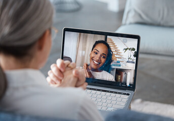 Poster - Woman, laptop and video call for virtual meeting, webinar or consulting in remote work at home. Female person or consultant talking on computer in seminar for networking, therapy and communication