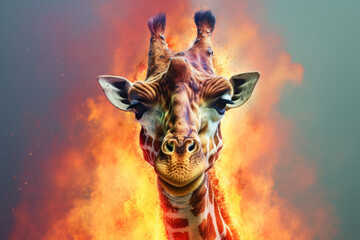 Poster - A digital illustration of a Giraffe engulfed in flames, symbolizing destruction, chaos, or revolution.  Generative AI technology.