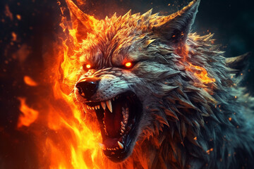 Poster - A digital illustration of a Wolf engulfed in flames, symbolizing destruction, chaos, or revolution.  Generative AI technology.