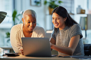Poster - Laptop, teaching or manager coaching a black woman for advice, leadership or research at night in office. Learn, smile or boss helping, training or speaking of digital or online business to employee