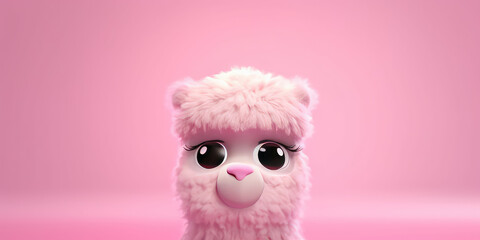 Wall Mural - Portrait of a cute cartoon curly llama isolated on a pastel pink background with copy space. The face of the alpaca, a children's character. Generative AI 3d render illustration imitation.