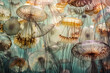© ADDICTIVE STOCK - Generative AI illustration of bunch of transparent jellyfishes in different sizes swimming together in bright blue sea illuminated by sunlight