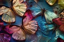 Generative AI Illustration With Top View Of Group Of Colorful Butterflies With Shinning Transparent Wings Sitting On Blue Background