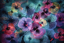 Generative AI Background Illustration Of Bioluminescence Flowers With Bright Purple And Blue Neon Lights In Different Sizes And Shades
