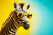 Zebra With Sunglasses On It's Head And Yellow And Blue Background. Generative AI.