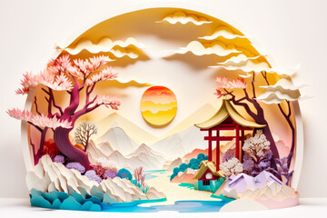 Wall Mural - Paper cut of landscape with pagoda and lake in the foreground. Generative AI.