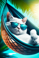 Sticker - White cat wearing sunglasses laying in hammock with palm trees in the background. Generative AI.