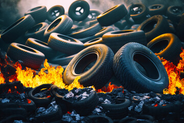 Poster - Pile of tires sitting on top of pile of fire and ice. Generative AI.