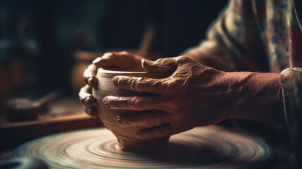 person holding clay pot on potter's wheel with their hands. generative ai.