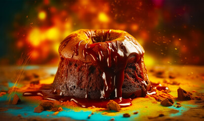 Wall Mural - Chocolate bundt cake with chocolate sauce drizzled on it. Generative AI.