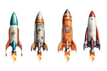 A Collection Of Launched Cartoon Rockets Isolated On Clear PNG Background, Colorful , Successful Startup Company Concept.