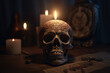 © ADDICTIVE STOCK - Generative AI illustration of vivid decorated human skull with burning candles on wooden table in dark room during Halloween celebration at night