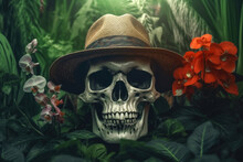 Generative AI Illustration Of Scary Dry Human Skull With Hat And Flowers On Green Surface Against Grassy Forest Background
