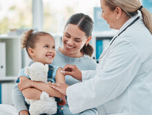 Pediatrician, Girl And Doctor With Vaccine Injection, Cotton Ball And Flu Shot On Arm For Disease Or Covid Prevention In Hospital. Woman, Nurse And Immunity Of Child Against Virus, Bacteria Or Happy