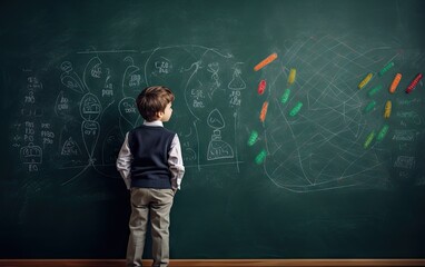 Student at a blackboard wearing a green tie in the style of art that plays with scale generative ai