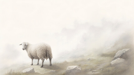 watercolour pencil illustration of close up sheep portrait. peaceful and serene mood. a sense of won