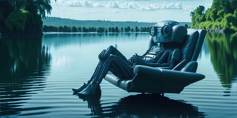 The robot sits in a chair, in nature.