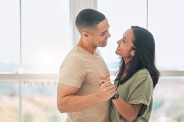 Wall Mural - Happy, couple and dance in home for love, care and support of relationship, trust and quality time together. Man, woman and dancing with partner in fun, happiness or celebrate of romantic anniversary