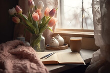 Cozy Easter, Spring Still Life Scene. Cup Of Coffee, Notebook, Golden Pen, Pink Knitted Plaid Near Window. Vintage Feminine Styled Photo Generative AI Technology
