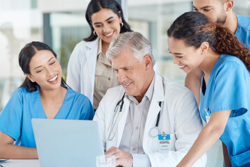 Poster - Hospital, teamwork and doctors in meeting on laptop for medical analysis, research and internet. Healthcare, clinic and men and women on computer for telecommunication, online consulting and service