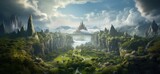 Fototapeta Londyn - Fantasy World Landscape Background. Banner teeming with Surreal Scenes. Vibrant Colors, Imaginative Elements. Mystic Structures amidst Magic Atmosphere. Dreamlike Environment of Ethereal Beauty, an AI
