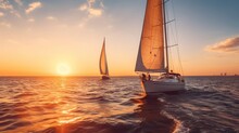 Two Sailboats Are Sailing In The Ocean At Sunset. Generative AI Image.