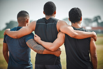 Wall Mural - Back, group hug and athlete men with teamwork outdoor for running, sports or workout. Collaboration, hugging and rear view of people, friends and runners for fitness, support and exercise together.