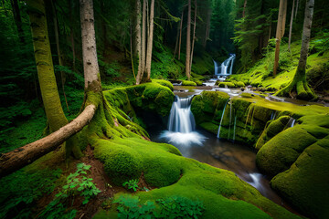 Wall Mural - waterfall in jungle, waterfall in the forest, green trees moss and flora in the forest