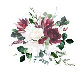 Ivory white magnolia, burgundy red peony, cedar, fern, leucadendron vector design bouquet