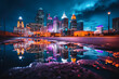 A city skyline reflected in a puddle on a rainy night, neon lights shimmering in the water - Generative AI