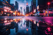A City Skyline Reflected In A Puddle On A Rainy Night, Neon Lights Shimmering In The Water - Generative AI