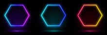 3d Render, Blue Neon Hexagon Frame, Circle, Hexagon Shape, Empty Space, Ultraviolet Light, 80's Retro Style, Fashion Show Stage, Abstract Background, Illuminate Frame Design. Abstract Cosmic Vibrant