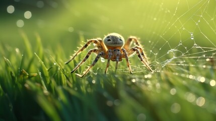  a close up of a spider on a web in a grass field with dew drops on the spider's web, with a bright green background.  generative ai