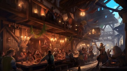Wall Mural - Cozy and bustling fantasy tavern, with adventurers, merchants, and creatures from all walks of life gathering for stories, music, and merriment