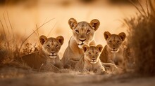  A Group Of Lions Sitting Next To Each Other In A Field Of Grass And Grass Bushes, With One Of Them Looking At The Camera.  Generative Ai