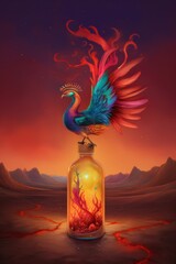 Wall Mural - A colorful bird sitting on top of a glass bottle. Generative AI image.