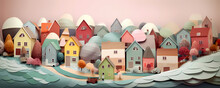 Paper origami houses - Layered pastel sweet colors banner - Generative AI