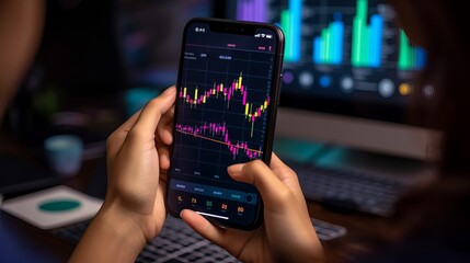Business woman using smartphone with cryptocurrency money link network concept. Woman using mobile phone investing application. Stock market investment and trading cryptocurrency on app