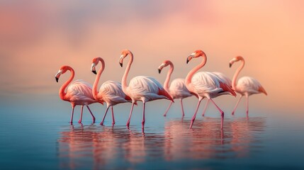  a group of flamingos standing in the water with their beaks in their beaks and their necks in the water, with a pink and blue background.  generative ai