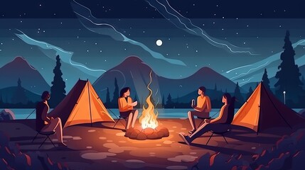 Canvas Print -  a group of people sitting around a campfire in the woods at night with a full moon in the sky above them and mountains in the background.  generative ai