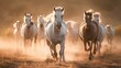  a group of horses running in a field with dust in the air and dust in the air behind them, with the horses running in the foreground.  generative ai